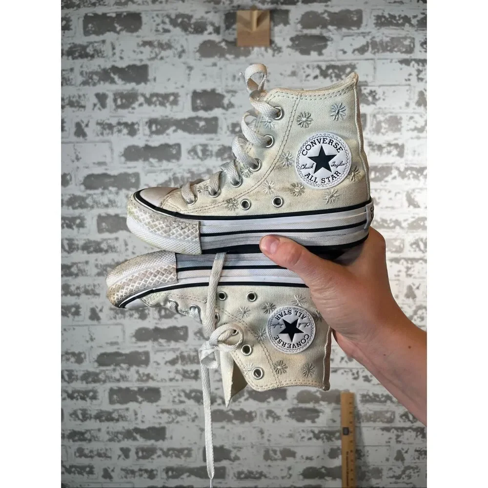 Converse | youth 11.5 cream with embroidered floral high top sneakers
